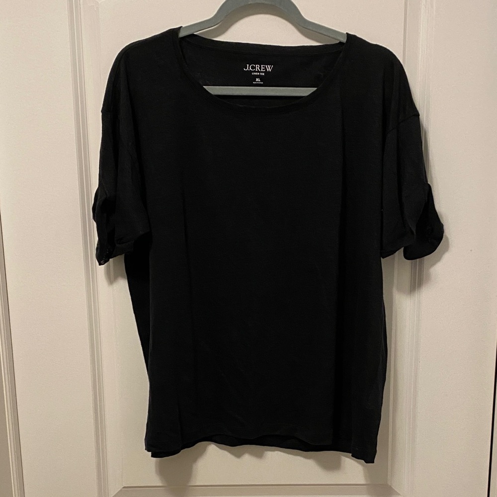 J. Crew Women's Linen Black Tee with tolled sleeves - Size XL